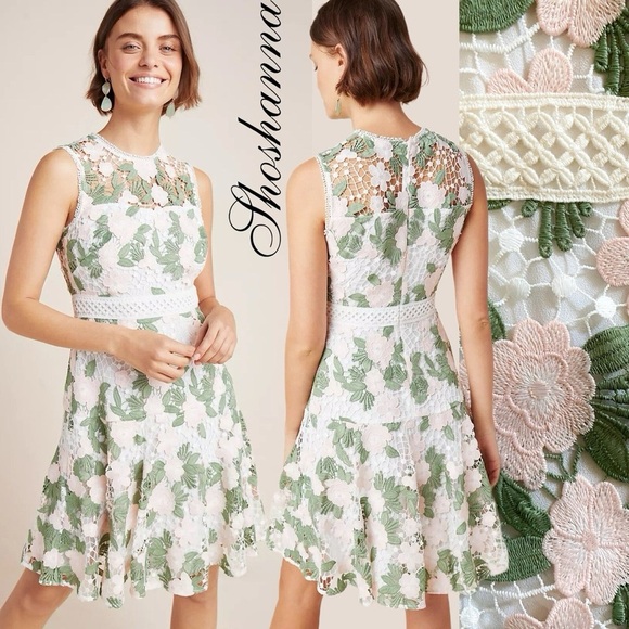 Shoshanna Dresses & Skirts - Shoshanna Green and Cream Floral Lace Midi Dress Women's Roseia Cocktail Size 4